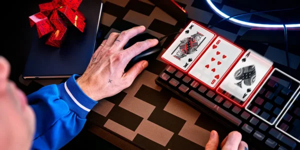 A close-up of a poker player’s hand on a mouse with digital playing cards over the keyboard, representing online poker decision-making.
