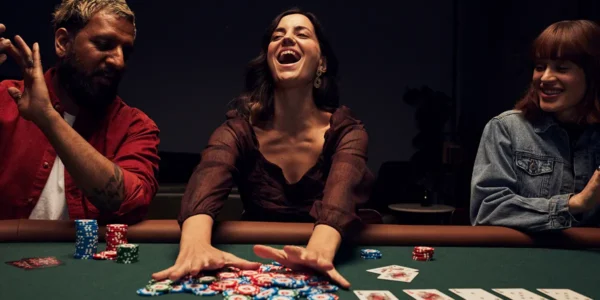 Poker player stacking chips after a profitable river bet in live NLHE