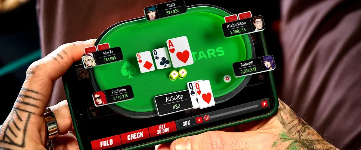 Poker player playing on PokerStars mobile app, showing active players, stack sizes, and bet amounts at a virtual table.