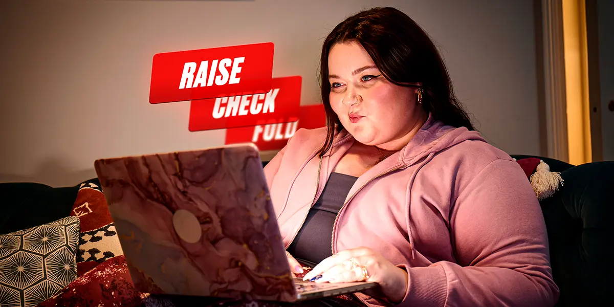 Poker player making frequent raise, check or fold decisions in an online poker session.